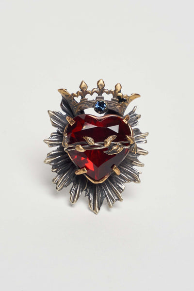 SAGRADO CORAZON CROWN RING WITH HAND-FACETED RED GLASS AND BLUE CRYSTAL