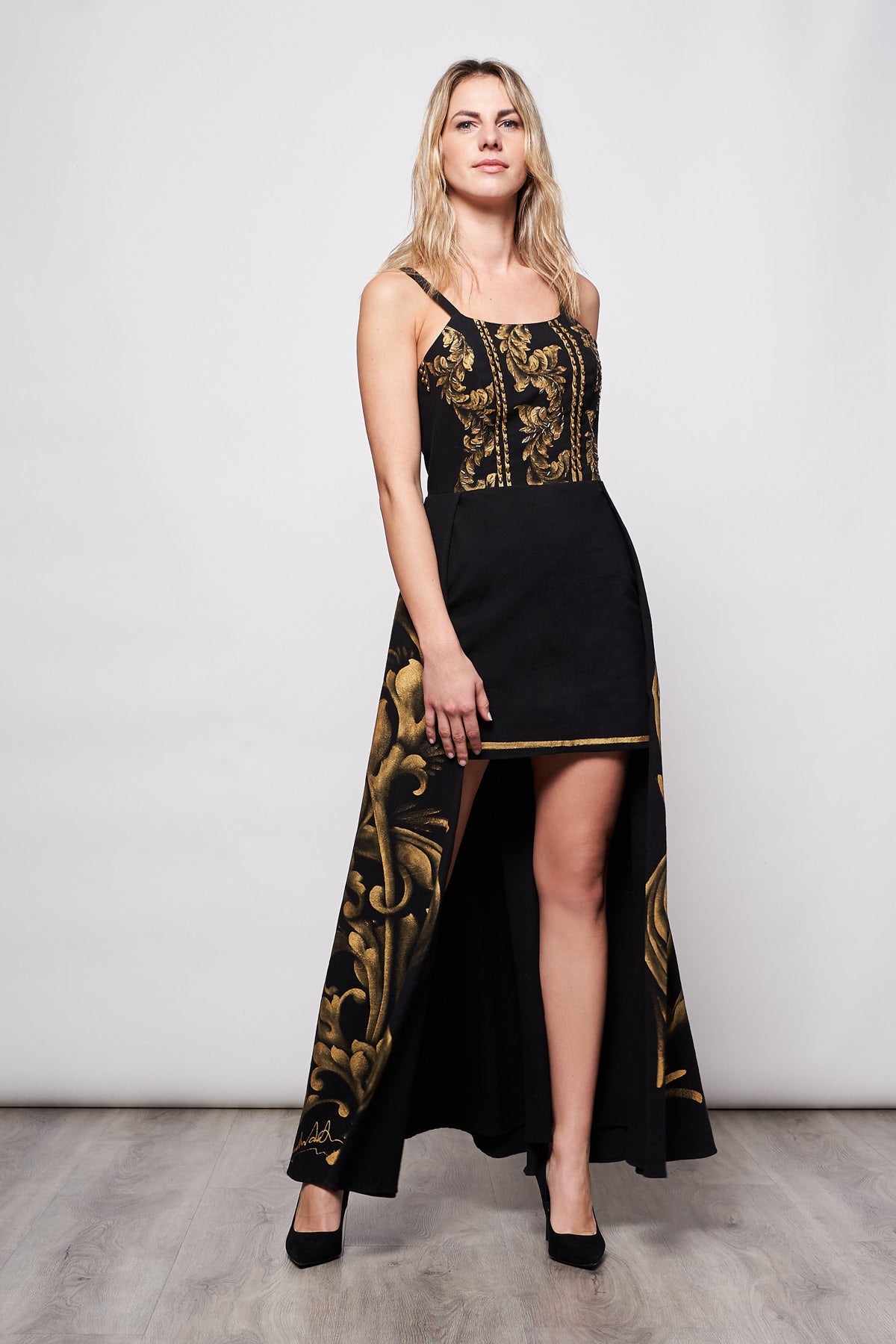 LONG HIGH-LOW DRESS HAND-PAINTED AND HAND EMBROIDERED - TALAVERA ORO