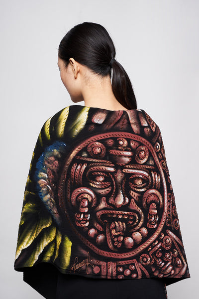 HAND-PAINTED AND HAND-EMBROIDERED SHAWL WITH BEADED FRINGE - PREHISPANICO