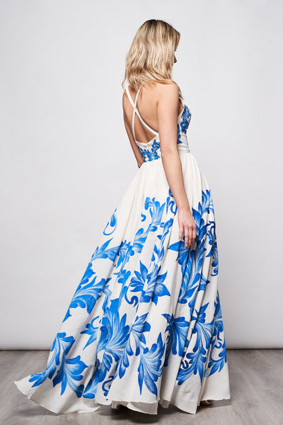 HAND-PAINTED AND HAND-EMBROIDERED LONG DRESS V NECK - TALAVERA AZUL