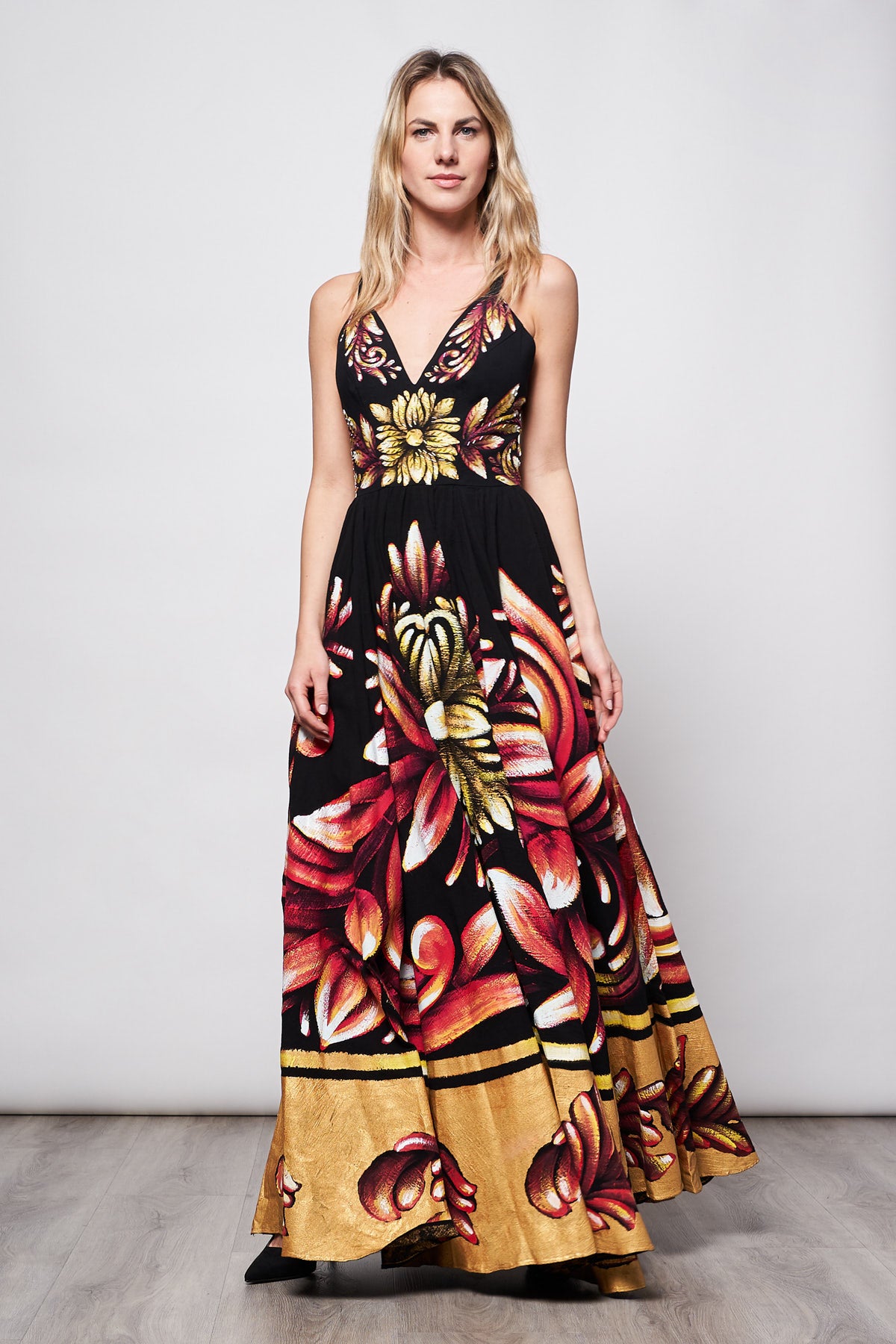 LONG DRESS V NECK HAND-PAINTED AND HAND-EMBROIDERED - TALAVERA BRONZE