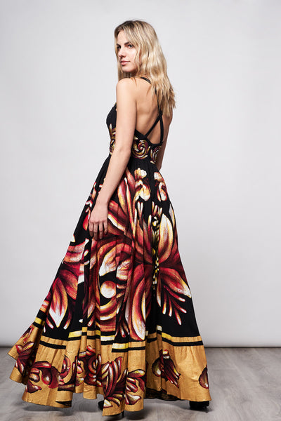 LONG DRESS V NECK HAND-PAINTED AND HAND-EMBROIDERED - TALAVERA BRONZE