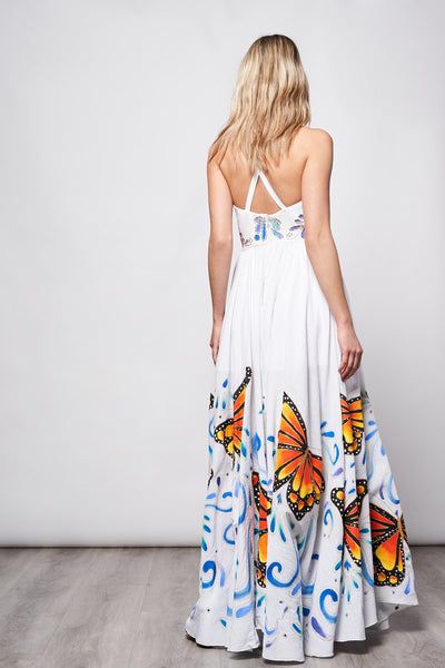 LONG DRESS V NECK HAND-PAINTED AND HAND-EMBROIDERED - MARIPOSAS