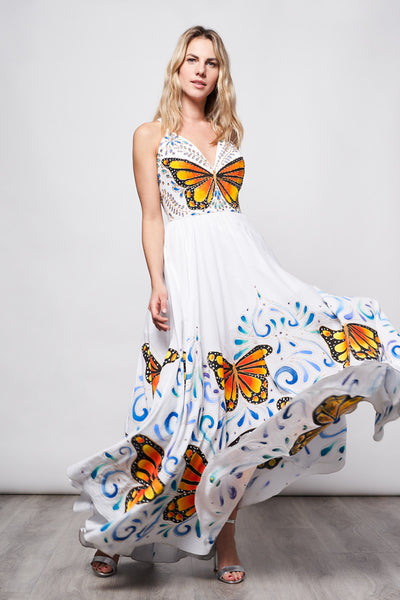 LONG DRESS V NECK HAND-PAINTED AND HAND-EMBROIDERED - MARIPOSAS
