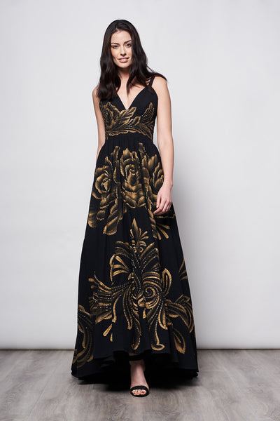 LONG DRESS V NECK HAN-PAINTED AND HAND-EMBROIDERED - TALAVERA ORO