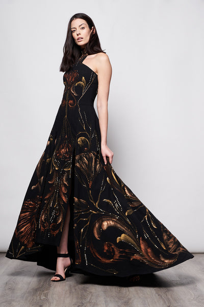 LONG HAND-PAINTED AND HAND-EMBROIDERED DRESS WITH SIDE SLITS - MEDUSAS