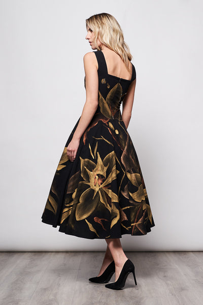 HAND-PAINTED AND HAND-EMBROIDERED FLORAL BELL MIDI DRESS - GOLD FLORES