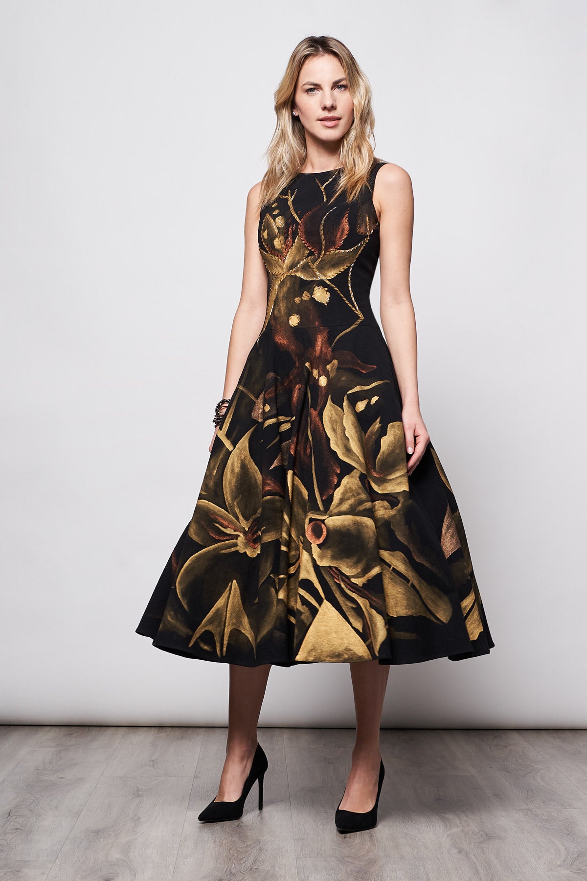 HAND-PAINTED AND HAND-EMBROIDERED FLORAL BELL MIDI DRESS - GOLD FLORES