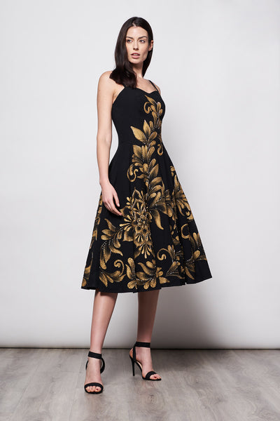 HAND-PAINTED AND HAND-EMBROIDERED MIDI DRESS - TALAVERA ORO