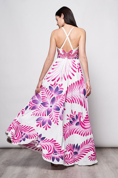 LONG DRESS V NECK HAND-PAINTED AND HAND-EMBROIDERED - TALAVERA PINK