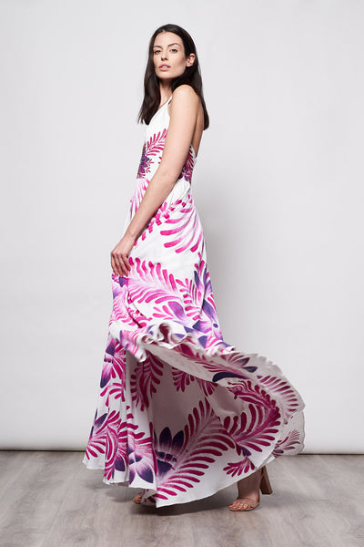 LONG DRESS V NECK HAND-PAINTED AND HAND-EMBROIDERED - TALAVERA PINK