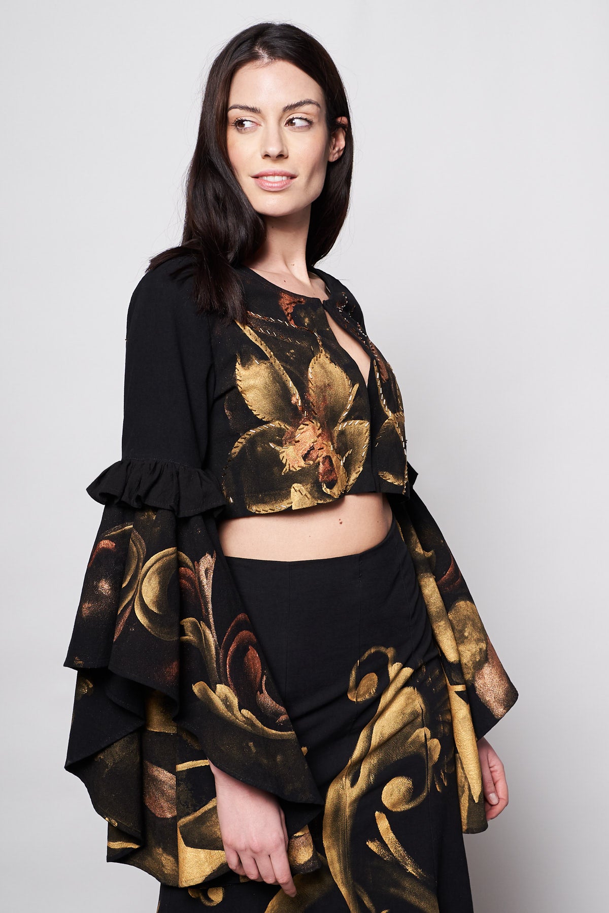 HAND-PAINTED LONG-SLEEVED BOLERO  - GOLD FLORES