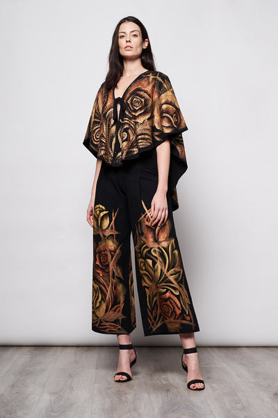 HIGH-LOW SHORT CAPE HAND-PAINTED AND HAND-EMBROIDERED - ROSAS ORO