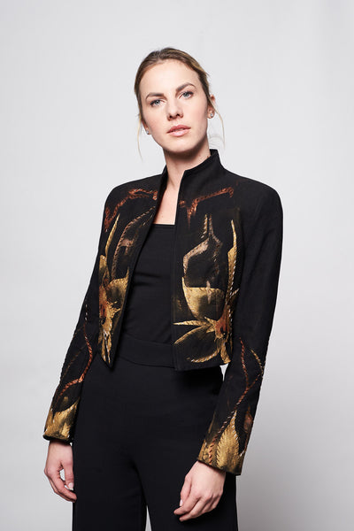 HAND-PAINTED AND HAND-EMBROIDERED CROPPED JACKET - FLORES ORO