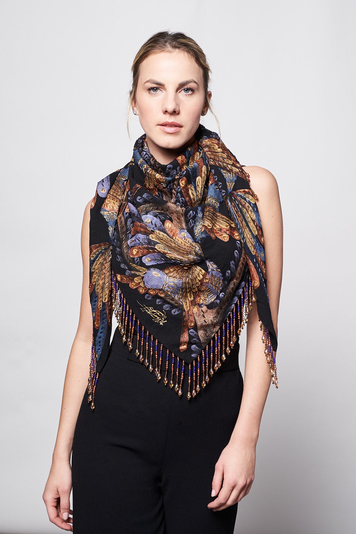 HAND-PAINTED AND HAND-EMBROIDERED TRIANGULAR SHAWL WITH BEADED FRINGE - PAPEL AMATE