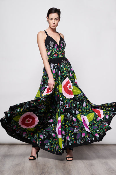 LONG DRESS V NECK HAND-PAINTED AND HAND-EMBROIDERED - TEXTIL FLORES