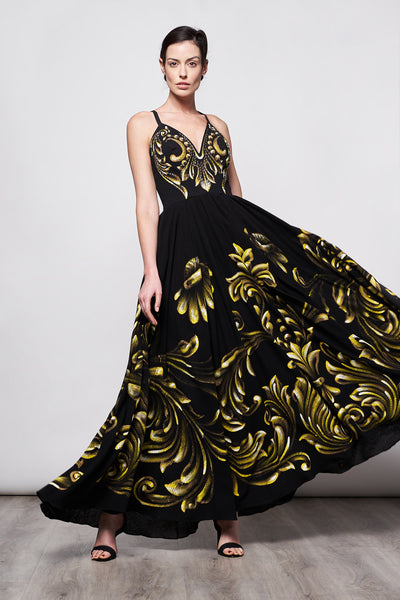HAND-PAINTED AND HAND-EMBROIDERED LONG DRESS V NECK - TALAVERA ORO