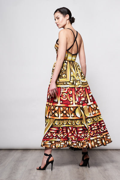 HAND-PAINTED AND HAND-EMBROIDERED LONG DRESS V NECK - PIEDRA DEL SOL