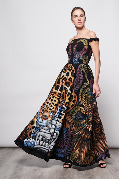 HAND-PAINTED AND HAND-EMBROIDERED LONG DRESS - ANIMALES SAGRADOS
