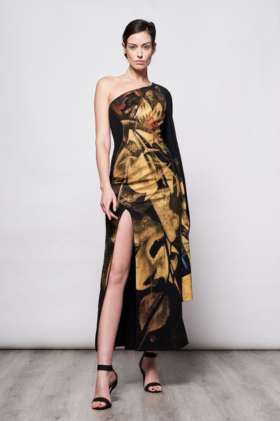LONG ONE SHOULDER DRESS HAND-PAINTED AND HAND-EMBROIDERED - TALAVERA ORO
