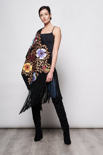 HAND-PAINTED AND HAND-EMBROIDERED SIDE SHAWL WITH SUEDE FRINGE - FLORES