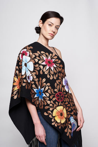 HAND-PAINTED AND HAND-EMBROIDERED SIDE SHAWL WITH SUEDE FRINGE - FLORES