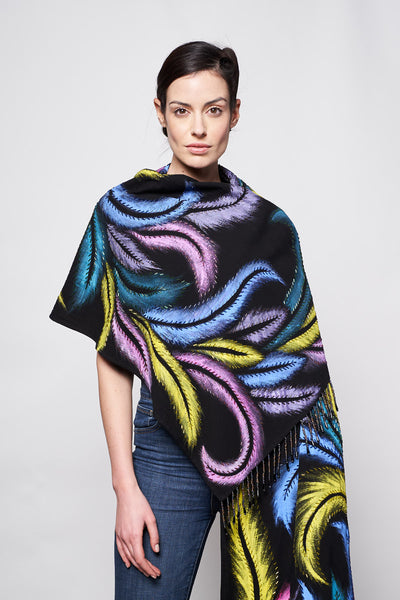 HAND-PAINTED AND HAND-EMBROIDERED SHAWL WITH BEADED FRINGE - GUACAMAYA