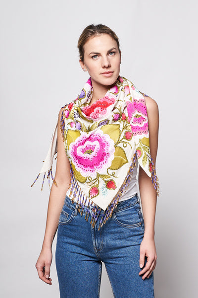 HAND-PAINTED AND HAND-EMBROIDERED TRIANGULAR SHAWL WITH BEADED FRINGE - TEXTIL FLORES