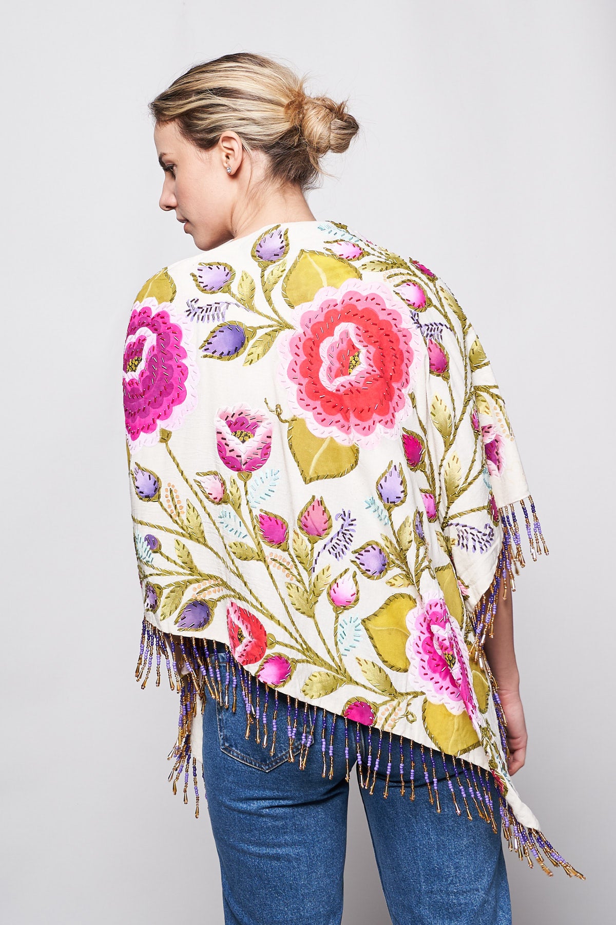 HAND-PAINTED AND HAND-EMBROIDERED TRIANGULAR SHAWL WITH BEADED FRINGE - TEXTIL FLORES