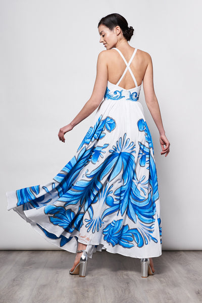 HAND-PAINTED AND HAND-EMBROIDERED LONG DRESS V NECK - TALAVERA AZUL