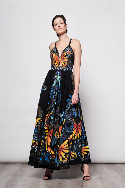 LONG HAND-PAINTED AND HAND-EMBROIDERED V-NECK DRESS - MARIPOSAS