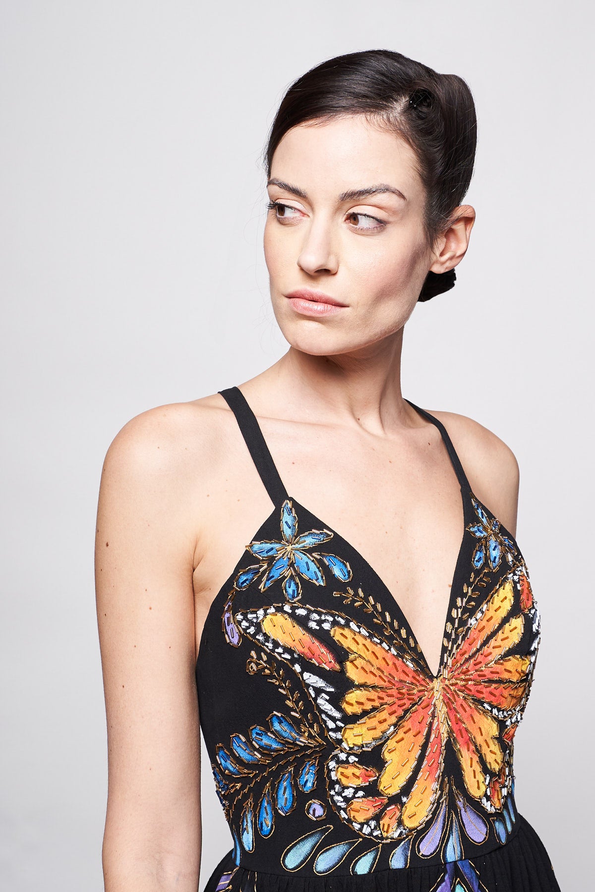 LONG HAND-PAINTED AND HAND-EMBROIDERED V-NECK DRESS - MARIPOSAS