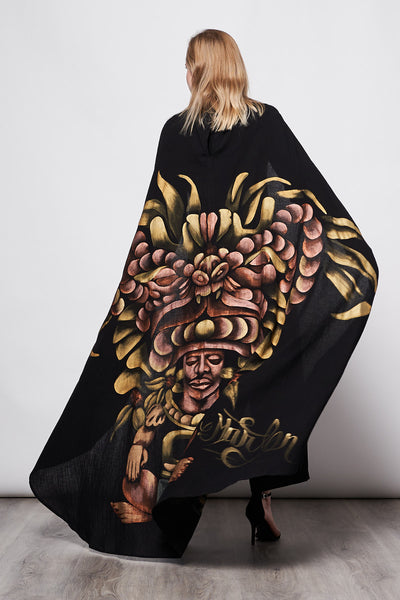 LONG HAND-PAINTED AND HAND.EMBROIDERED CAPE - PREHISPANICO