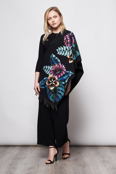 HAND-PAINTED AND HAND-EMBROIDERED SHAWL WITH BEADED FRINGE - FLORES
