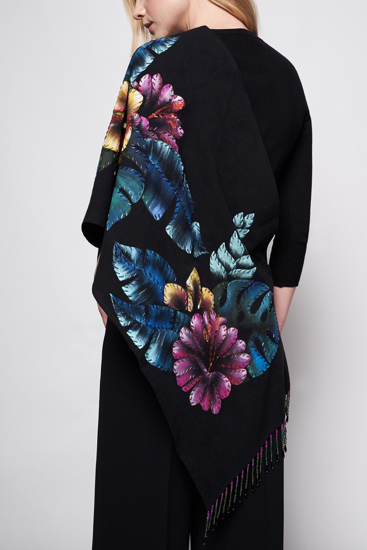 HAND-PAINTED AND HAND-EMBROIDERED SHAWL WITH BEADED FRINGE - FLORES