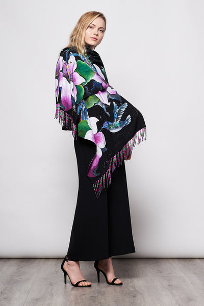 HAND PAINTED SHAWL WITH BEADED FRINGE - FLORES SOBRE NEGRO