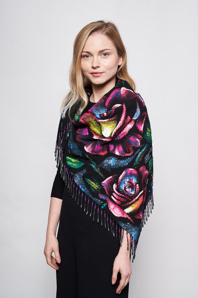HAND-PAINTED AND HAND-EMBROIDERED TRIANGULAR SHAWL WITH BEADED FRINGE - ROSAS