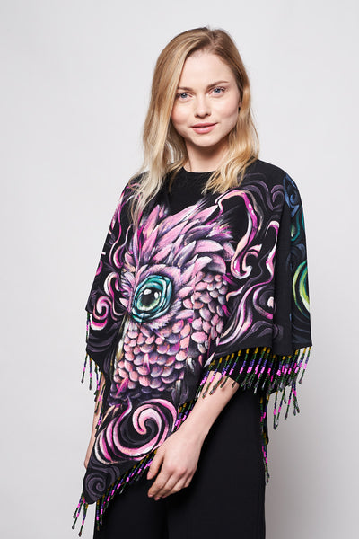 HAND-PAINTED PONCHO WITH BEADED FRINGE - ANIMALES SAGRADOS