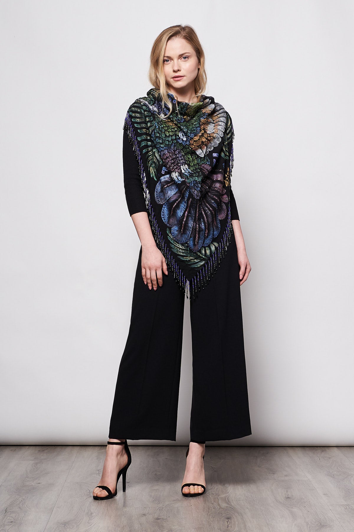 HAND-PAINTED AND HAND-EMBROIDERED TRIANGULAR SHAWL WITH BEADED FRINGE - COLIBRI