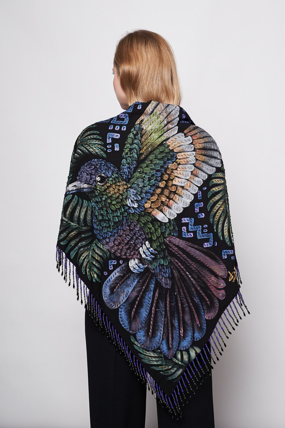 HAND-PAINTED AND HAND-EMBROIDERED TRIANGULAR SHAWL WITH BEADED FRINGE - COLIBRI