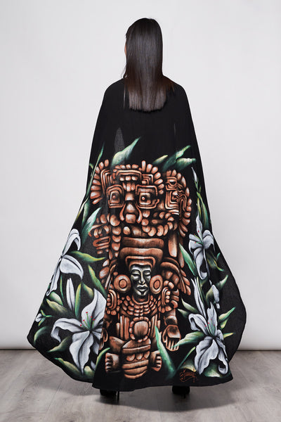 LONG HAND-PAINTED AND HAND-EMBROIDERED CAPE - PREHISPANICO