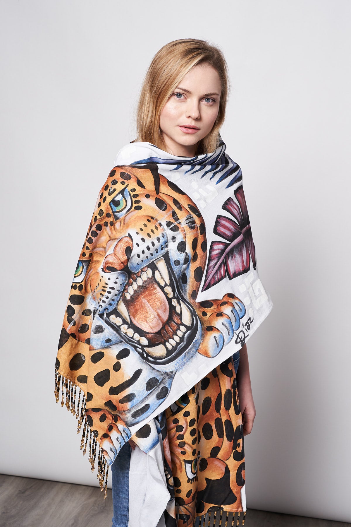 HAND PAINTED FRINGED BEADED SHAWL - ANIMALES SAGRADOS