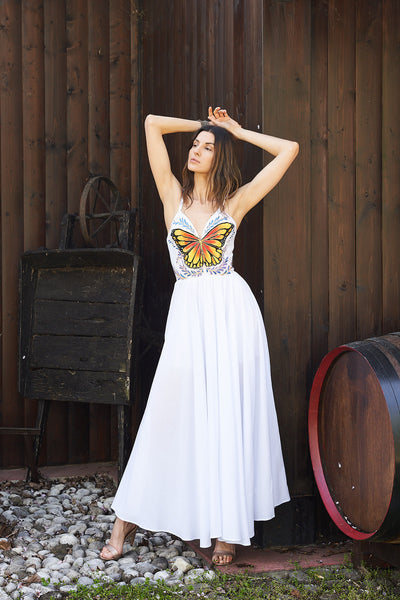 LONG HAND-PAINTED V-NECK DRESS - MARIPOSAS