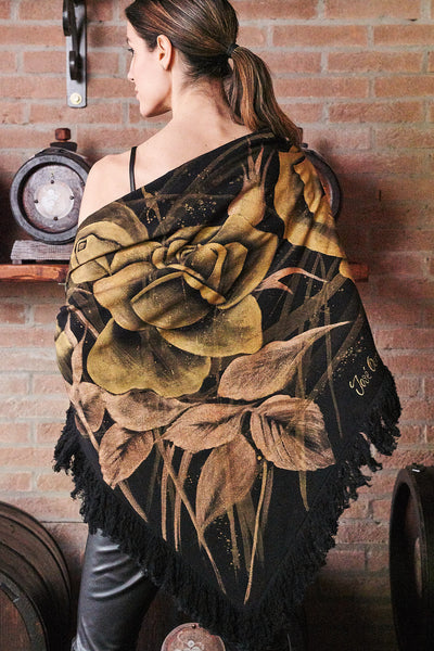 HAND PAINTED TRIANGLE SHAWL - ROSAS GOLD