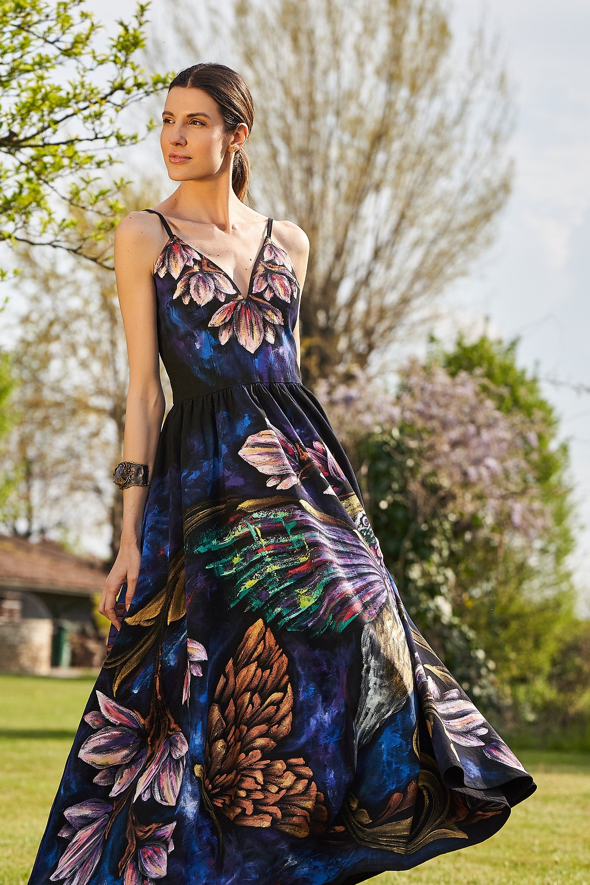 LONG HAND PAINTED V NECK DRESS - FLORES