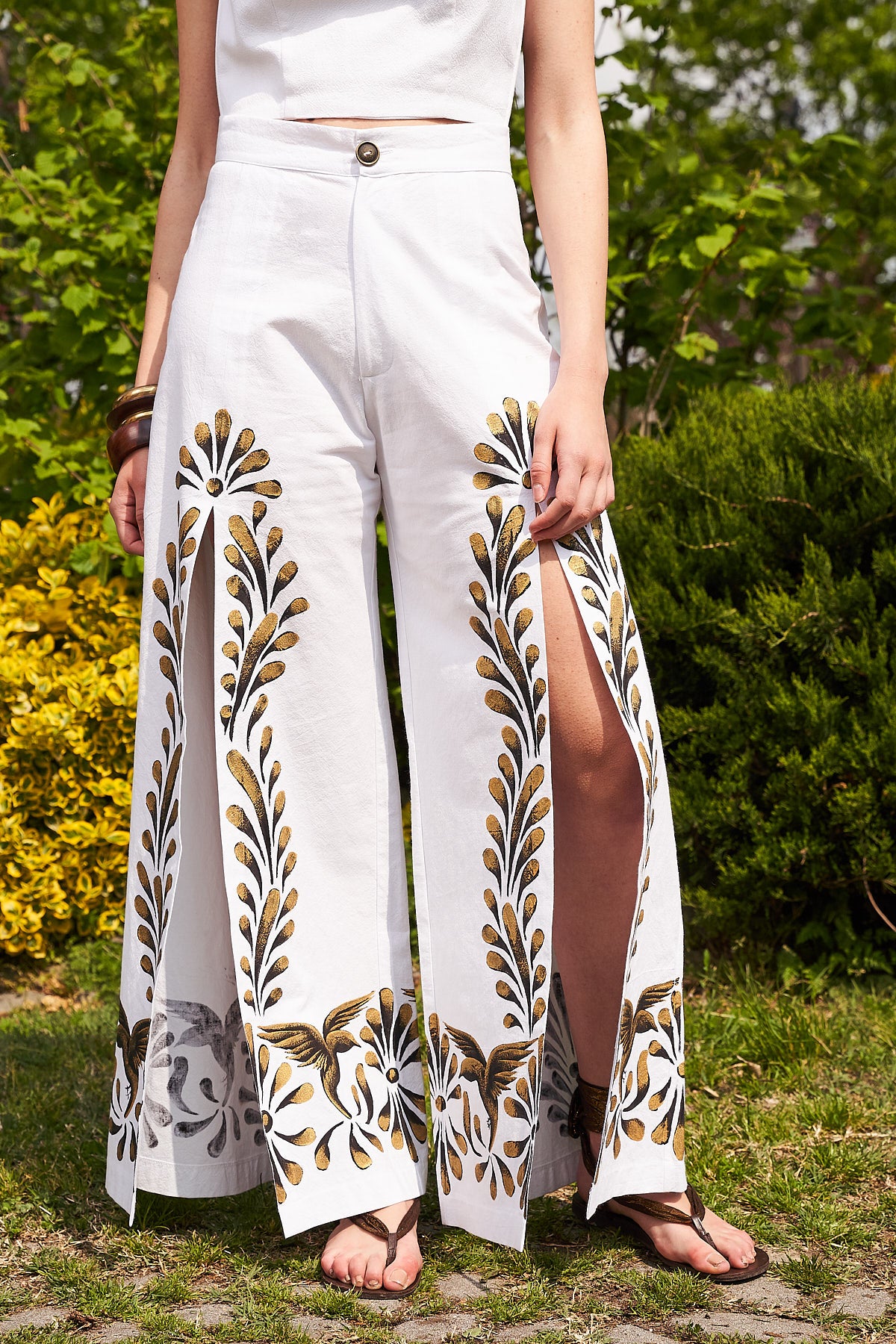 HAND PAINTED PALAZZO PANTS WITH SPLIT ON THE FRONT - TALAVERA ORO ANTIGUO