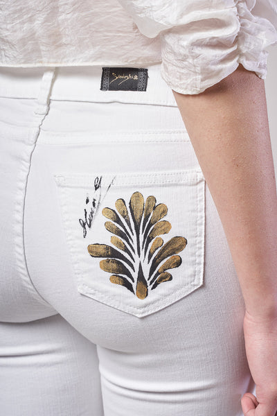 HAND PAINTED WHITE DENIM JEANS - TALAVERA ORO ANTIGUO