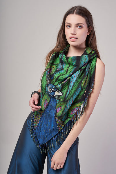 HAND-PAINTED AND HAND-EMBROIDERED TRIANGULAR SHAWL WITH BEADED FRINGE - PAVO REAL