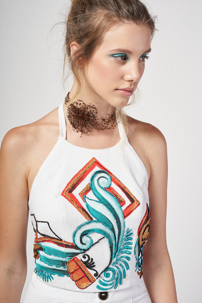 SHORT TOP WITH OPEN BACK PAINTED AND HAND EMBROIDERED - PREHISPANICO