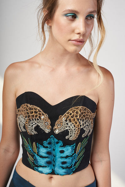 PAINTED AND HAND EMBROIDERED STRAPLESS SHORT TOP - JAGUAR DYNASTY